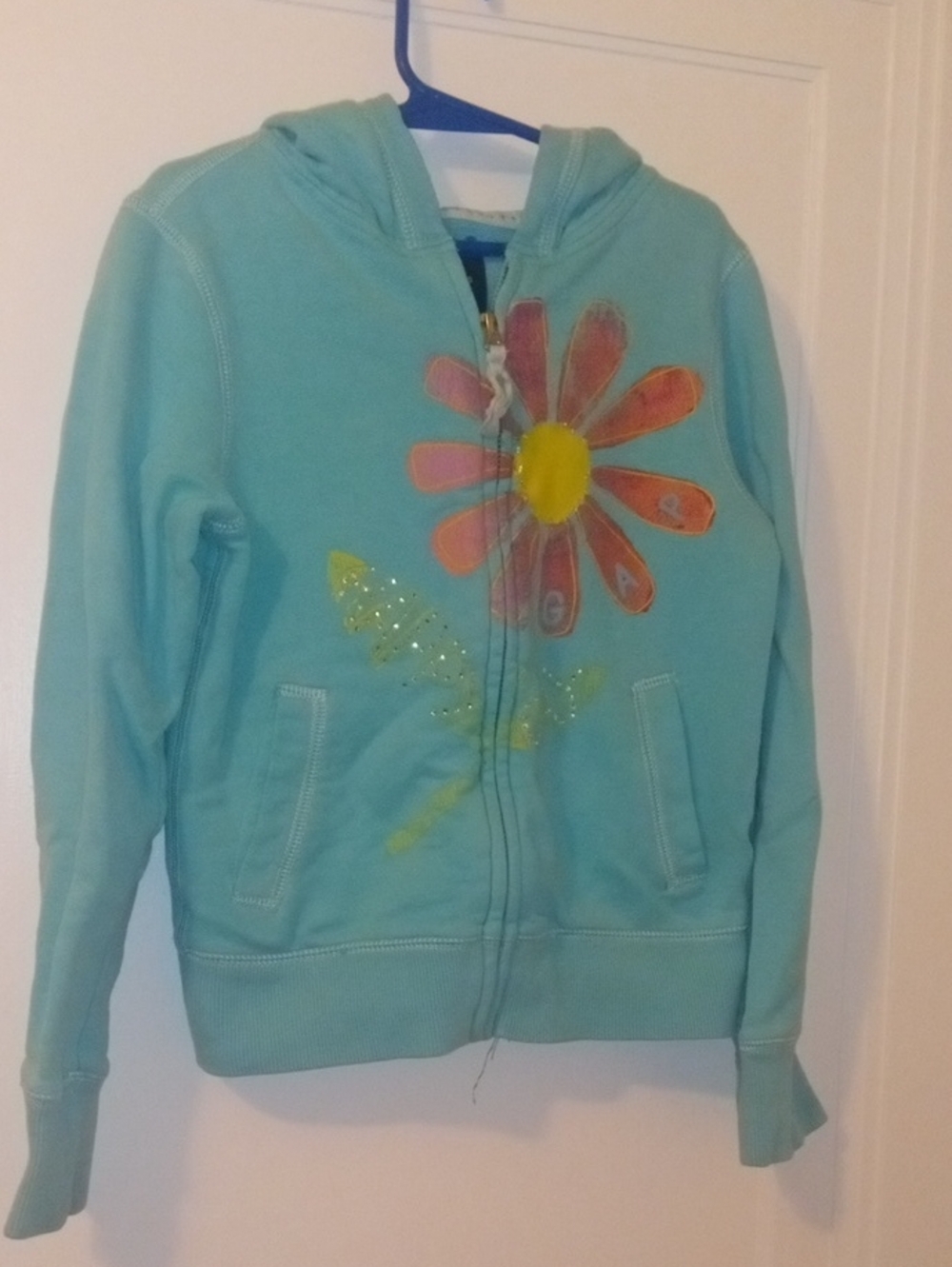 girl 8 GAP zip front hoodie, aqua blue with design